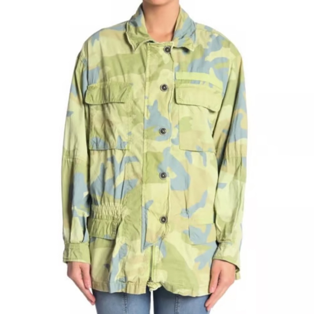 Free People Camo Green and Blue Field Military Jacket Light Size Medium